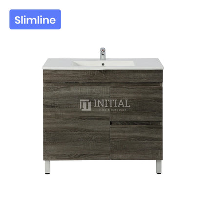 Begin Series Wood Grain PVC Filmed Slim Freestanding Floor Vanity With 1 Door and 2 Drawers Right Side Dark Grey 740W X 830H X 350D ,