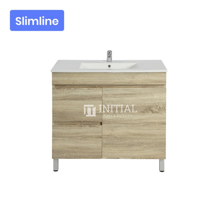 Begin Wood Grain PVC Filmed Slim Freestanding Floor Vanity With 1 Door and 2 Drawers Left Side White Oak 740W X 830H X 350D ,