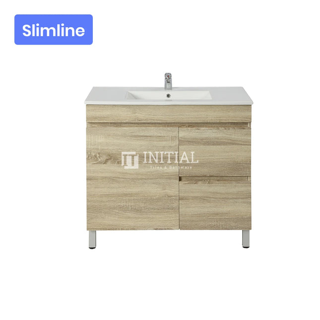 Begin Series Wood Grain PVC Filmed Slim Freestanding Floor Vanity With 1 Door and 2 Drawers Right Side White Oak 740W X 830H X 350D ,