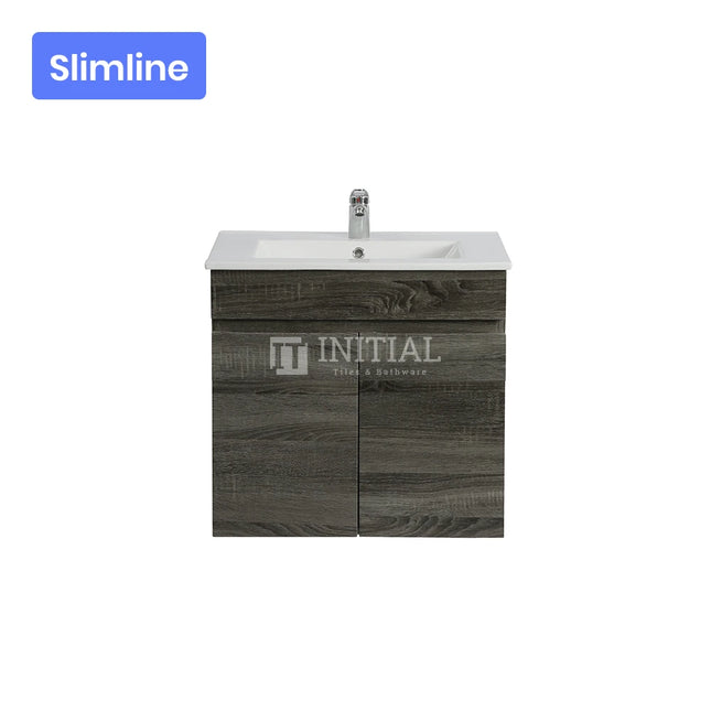 Begin Wood Grain PVC Filmed Slim Wall Hung Vanity With 2 Doors Dark Grey 590W X 500H X 350D ,