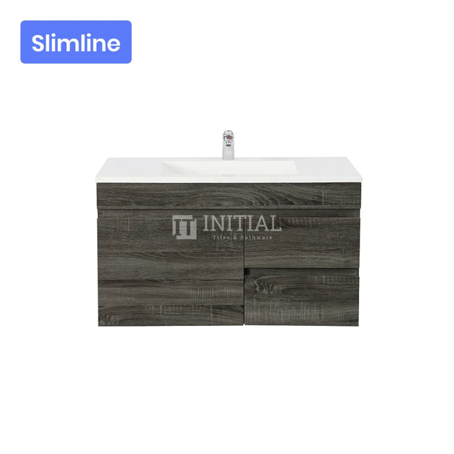 Begin Wood Grain PVC Filmed Slim Wall Hung Vanity Right Side Dark Grey 740W X 500H X 350D ,