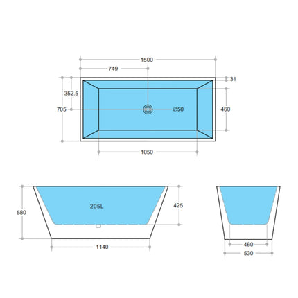 Bathroom Gloss White Kubic Floor Freestanding Bathtub with No Overflow 1500X705X580 ,