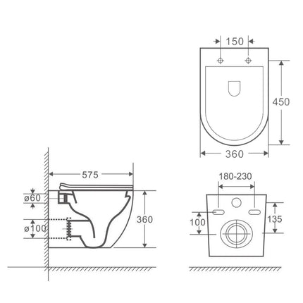 Ralph Rimless Wall Hung Pan Toilet Gloss White 575X360X360