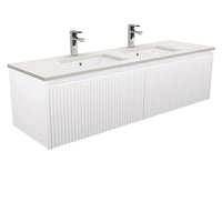 Alina Fluted Satin White 1500 Wall-Hung Cabinet , With Stone Top - Roman Sand