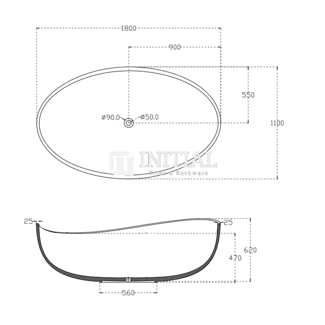 Wave Freestanding Bathtub, Oval, Matte Black, 1800 X 1100 X 620mm ,