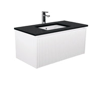 Alina Fluted Satin White 900 Wall-Hung Cabinet , With Stone Top - Black Sparkle