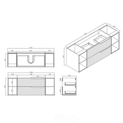 Ires White 1500 Wall Hung Cabinet Double Drawers Four Shelves 1490X460X550 ,