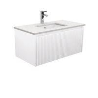 Alina Fluted Satin White 900 Wall-Hung Cabinet , With Stone Top - Bianco Marble