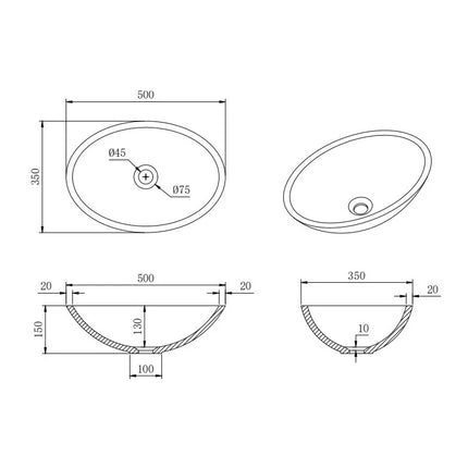 Kirra Solid Surface Pill Shape Art Basin Matte White ,