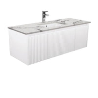 Alina Fluted Satin White 1200 Wall-Hung Cabinet , With Stone Top - Calacatta Marble