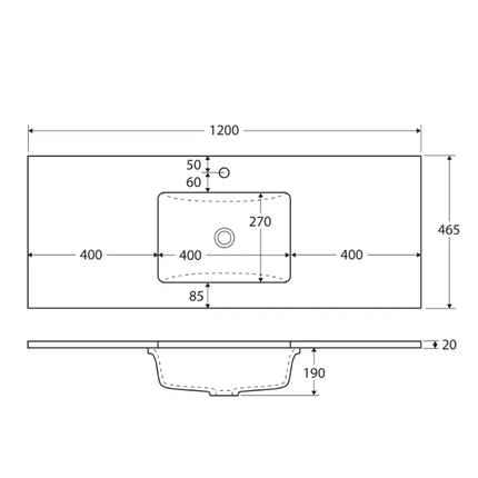 Fienza Sarah Dove Grey Undermount Basin Top, 1200mm, 1 Tap Hole ,