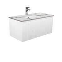Alina Fluted Satin White 900 Wall-Hung Cabinet , With Stone Top - Calacatta Marble