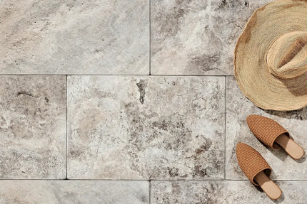 Outdoor Stone Silver Travertine Tumbled Tile 610X406X12mm