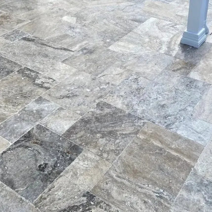 Outdoor Stone Silver Travertine Tumbled Paver French Pattern 30mm