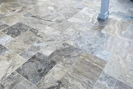 Outdoor Stone Silver Travertine Tumbled Paver French Pattern 30mm