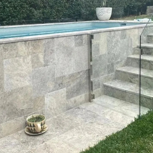 Outdoor Stone Silver Travertine Tumbled Paver French Pattern 30mm