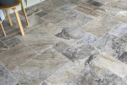 Outdoor Stone Silver Travertine Tumbled Tile French Pattern 12mm