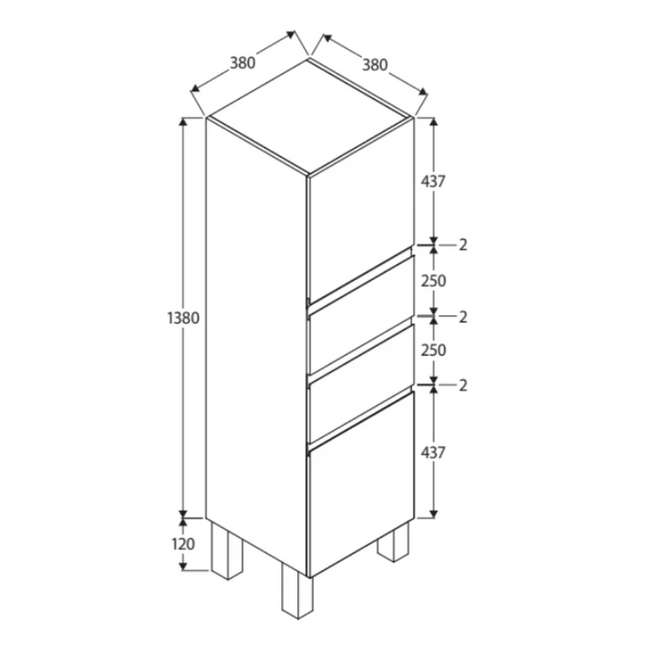 Fienza Fingerpull Gloss White Tallboy Cabinet, 2 Solid Doors, 2 Drawers ,