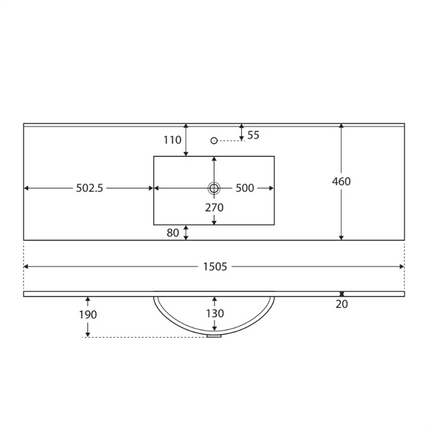 Fienza Dolce Ceramic Gloss White Basin Top, 1500mm, Single Bowl ,