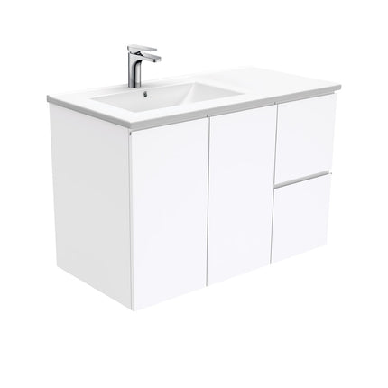 Fienza Dolce 900 Offset Wall Hung Vanity, 5 Colours, Solid Doors , Fingerpull Gloss White Left-Basin