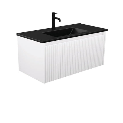 Alina Fluted Satin White 900 Wall-Hung Cabinet , With Moulded Basin-Top - Dolce Ceramic Matte Black