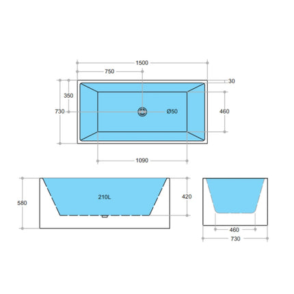 Bathroom Gloss or Matt White Leo Back to Wall Bathtub with No Overflow 1500X730X580 ,