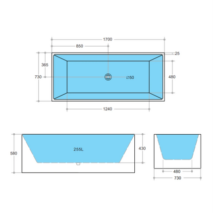 Bathroom Gloss or Matt White Leo Back to Wall Bathtub with No Overflow 1700X730X580 ,