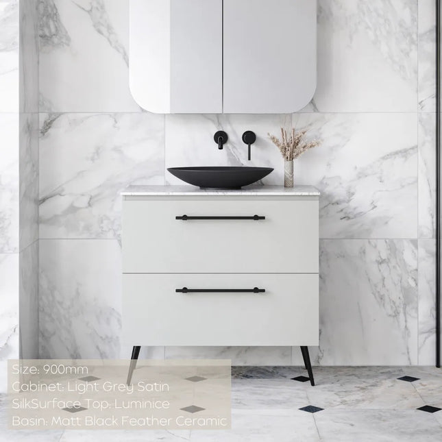 Timberline Nevada Plus Vanity on Legs with SilkSurface Top & Above Counter Basin 600-1800mm