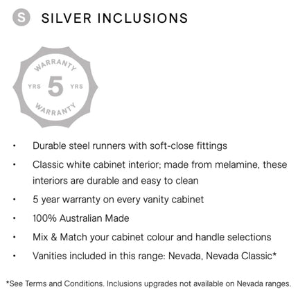 Timberline Nevada Classic Vanity Wall Hung with SilkSurface Top & Above Counter Basin 600-1800mm