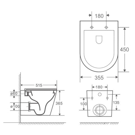 Sarah Rimless Wall Hung Pan Toilet Gloss White 515X355X365