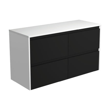Fienza Amato Satin Black 1200 Wall Hung Cabinet, Solid Drawers, Bevelled edge , Cabinet Only Satin White Panels