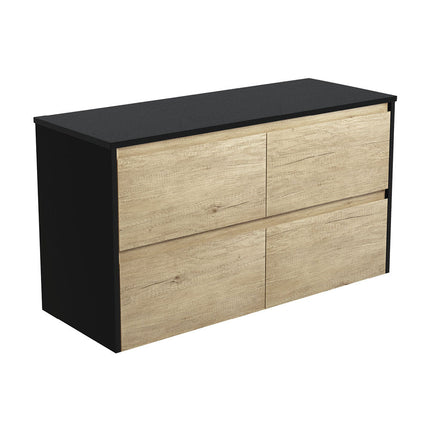 Fienza Amato Scandi Oak 1200 Wall Hung Cabinet, Solid Drawers, Bevelled Edge , Cabinet Only Satin Black Panels