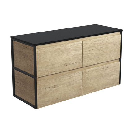 Fienza Amato Scandi Oak 1200 Wall Hung Cabinet, Solid Drawers, Bevelled Edge , Cabinet Only Matte Black Frames