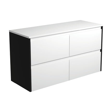 Fienza Amato Satin White 1200 Wall Hung Cabinet, Solid Drawers, Bevelled Edge , Cabinet Only Satin Black Panels