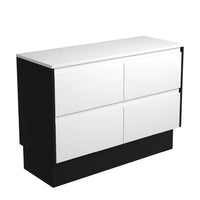 Fienza Amato Satin White 1200 Cabinet on Kickboard, Solid Panels, Bevelled Edge , Cabinet Only Satin Black Panels