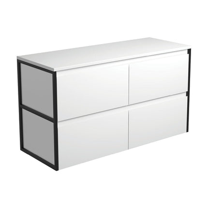 Fienza Amato Satin White 1200 Wall Hung Cabinet, Solid Drawers, Bevelled Edge , Cabinet Only Matte Black Frames
