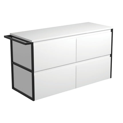 Fienza Amato Satin White 1200 Wall Hung Cabinet, Solid Drawers, Bevelled Edge , Cabinet Only 1 Frame & 1 Towel Rail