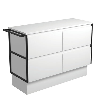 Fienza Amato Satin White 1200 Cabinet on Kickboard, Solid Panels, Bevelled Edge , Cabinet Only 1 Frame & 1 Towel Rail