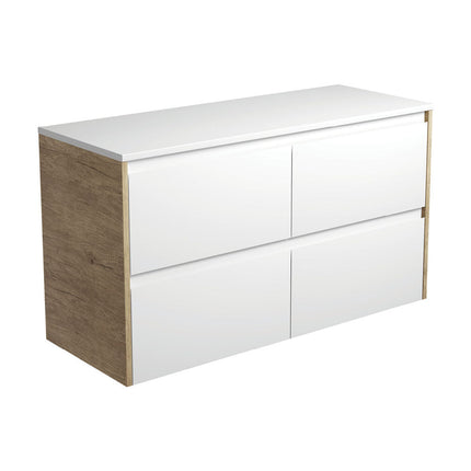Fienza Amato Satin White 1200 Wall Hung Cabinet, Solid Drawers, Bevelled Edge , Cabinet Only Scandi Oak Panels