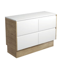 Fienza Amato Satin White 1200 Cabinet on Kickboard, Solid Panels, Bevelled Edge , Cabinet Only Scandi Oak Panels
