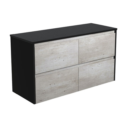 Fienza Amato Industrial 1200 Wall Hung Cabinet, Solid Drawers, Bevelled Edge , Cabinet Only Satin Black Panels