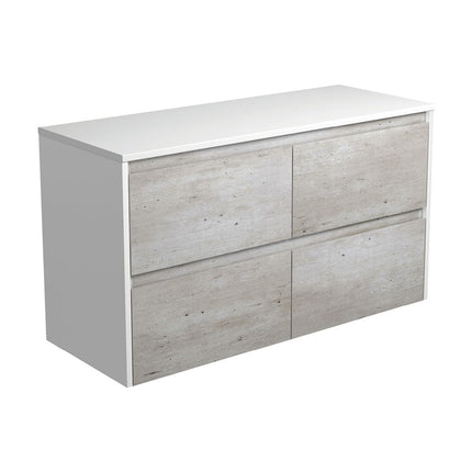 Fienza Amato Industrial 1200 Wall Hung Cabinet, Solid Drawers, Bevelled Edge , Cabinet Only Satin White Panels