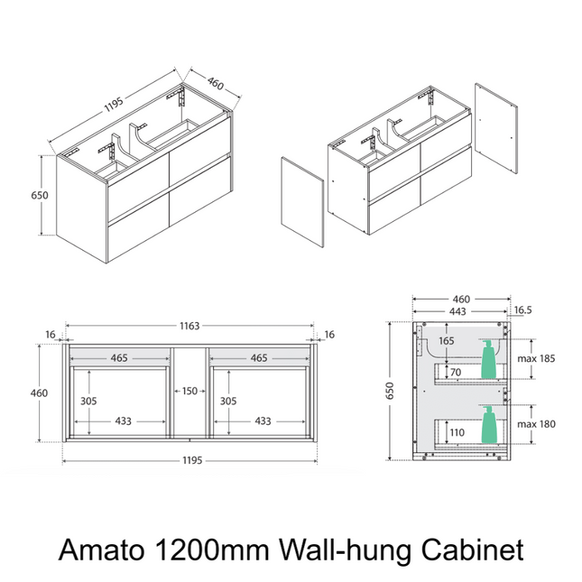 Fienza Amato Satin Black 1200 Wall Hung Cabinet, Solid Drawers, Bevelled edge ,