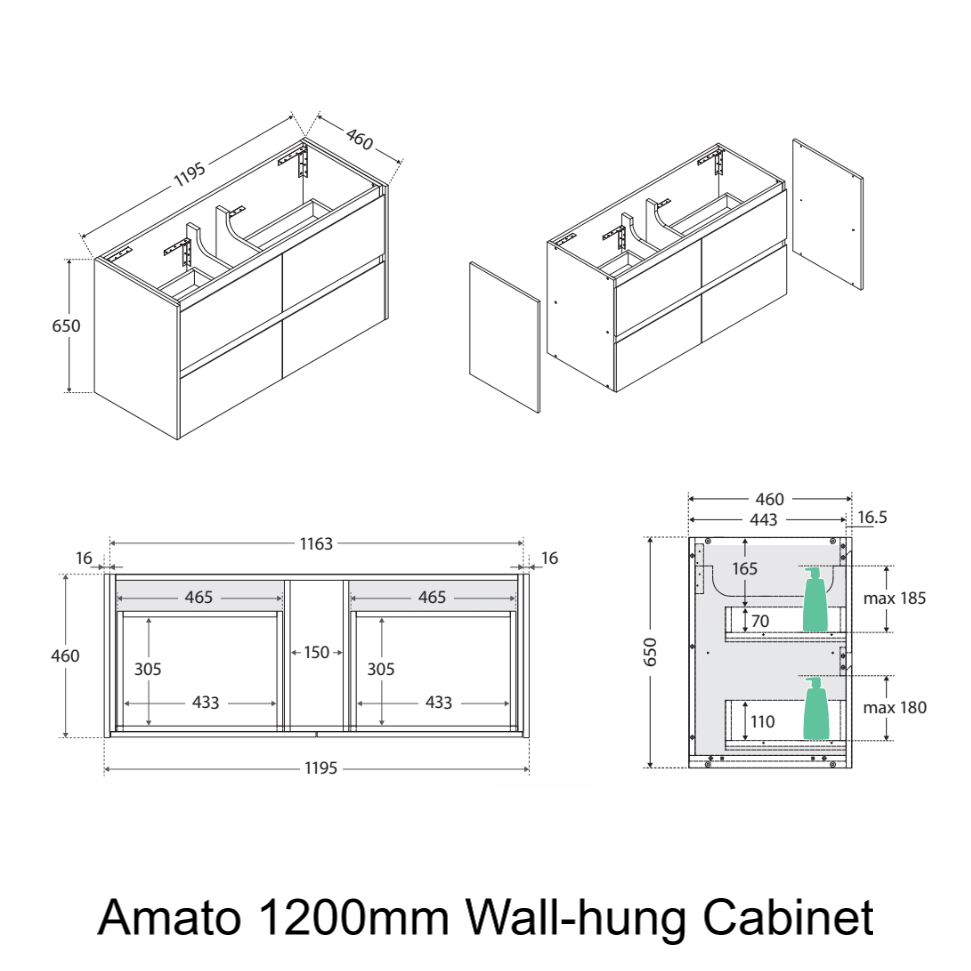 Fienza Amato Scandi Oak 1200 Wall Hung Cabinet, Solid Drawers, Bevelled Edge ,
