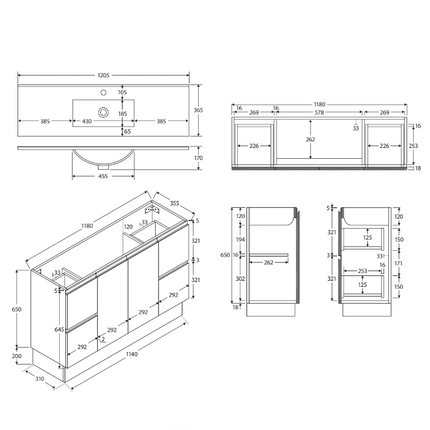 Fienza Siska Slim 1200 Satin White Vanity on Kickboard, With Overflow ,