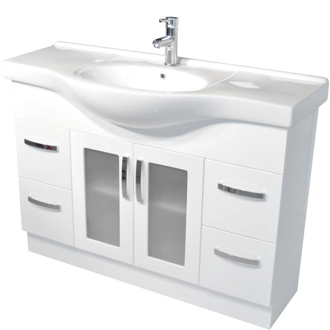 Fienza Antonio Gloss White 1200 Vanity on Kickboard, Glass/Solid Doors, 1 Tap Hole , Glass Doors