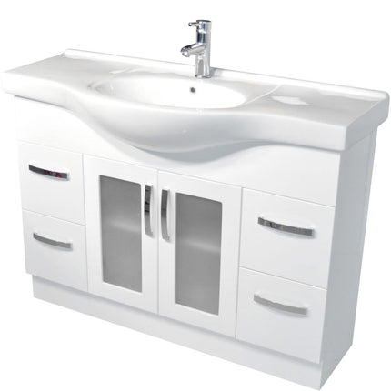 Fienza Antonio Gloss White 1200 Vanity on Kickboard, Glass/Solid Doors, 1 Tap Hole , Glass Doors