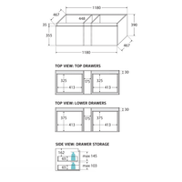 Fienza Manu Gloss White 1200 Wall Hung Cabinet, 1 Solid Drawer, 4 Internal Drawers ,