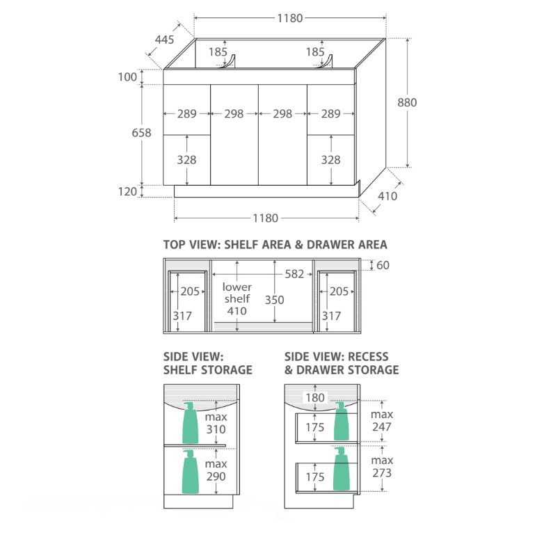 Fienza UniCab Gloss White 1200 on Kickboard, Solid Doors