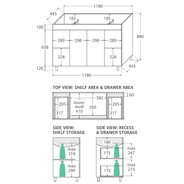 Fienza UniCab 1200 Gloss White Cabinet on Legs, Solid Doors ,